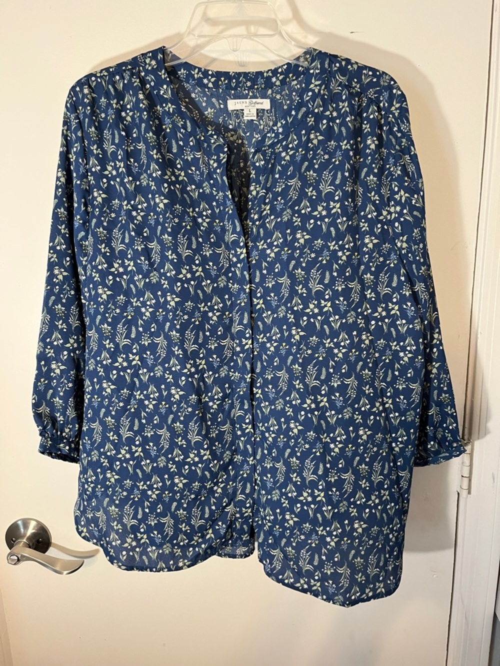 Jach Girlfriend, shirt, large with button up front blue flower 3/4  inch sleeve